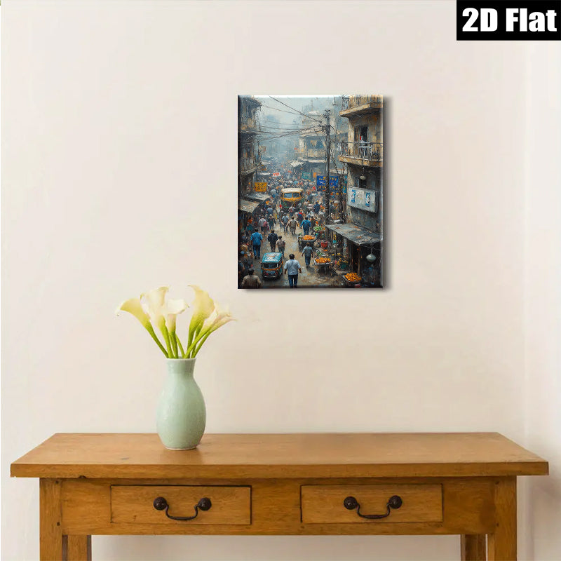 2D flat 1pc bustling market street India vibrant city life wall art decor farmhouse style living room bedroom gallery wrapped canvas print
