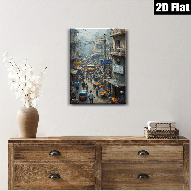 2D flat 1pc bustling market street India vibrant city life wall art decor farmhouse style living room bedroom gallery wrapped canvas print