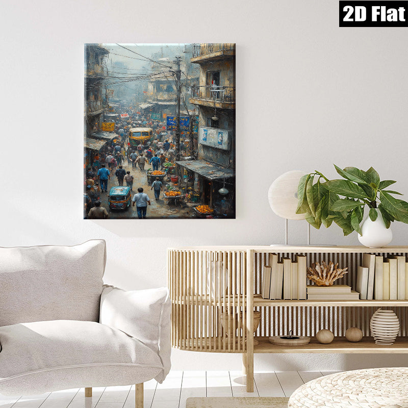 2D flat 1pc bustling market street India vibrant city life wall art decor farmhouse style living room bedroom gallery wrapped canvas print