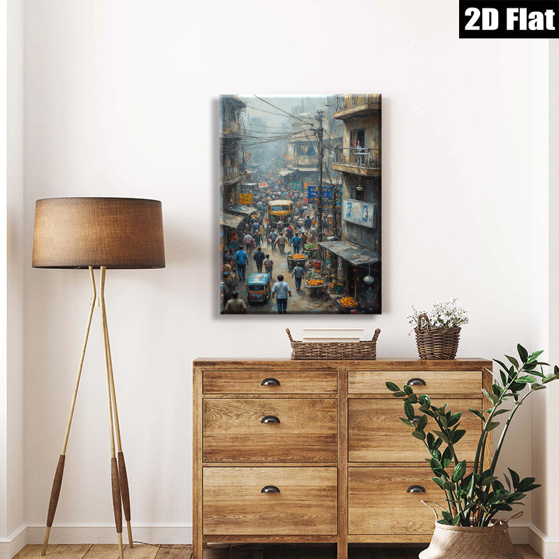 2D flat 1pc bustling market street India vibrant city life wall art decor farmhouse style living room bedroom gallery wrapped canvas print