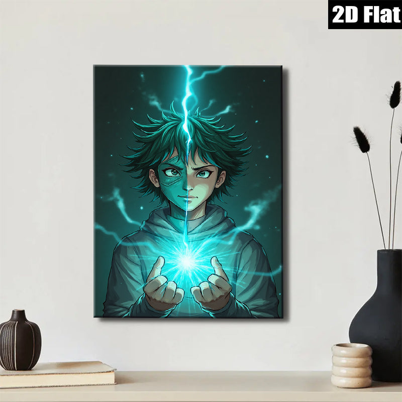 2D flat 1pc captivating anime boy harnessing electric energy vibrant wall art for bedroom living room modern home decor gaming room statement piece trending now