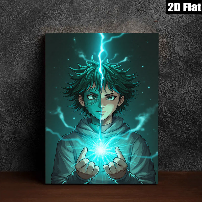 2D flat 1pc captivating anime boy harnessing electric energy vibrant wall art for bedroom living room modern home decor gaming room statement piece trending now