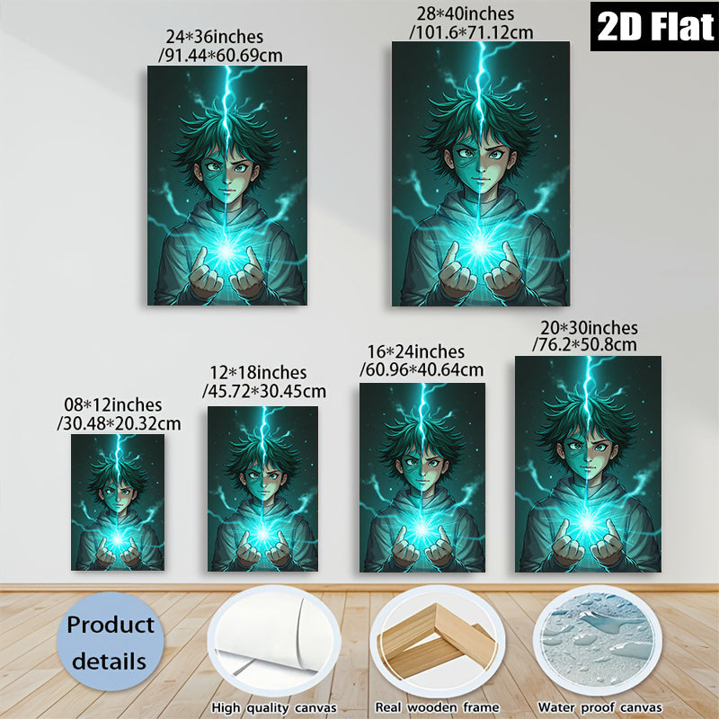 2D flat 1pc captivating anime boy harnessing electric energy vibrant wall art for bedroom living room modern home decor gaming room statement piece trending now