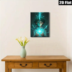 2D flat 1pc captivating anime boy harnessing electric energy vibrant wall art for bedroom living room modern home decor gaming room statement piece trending now