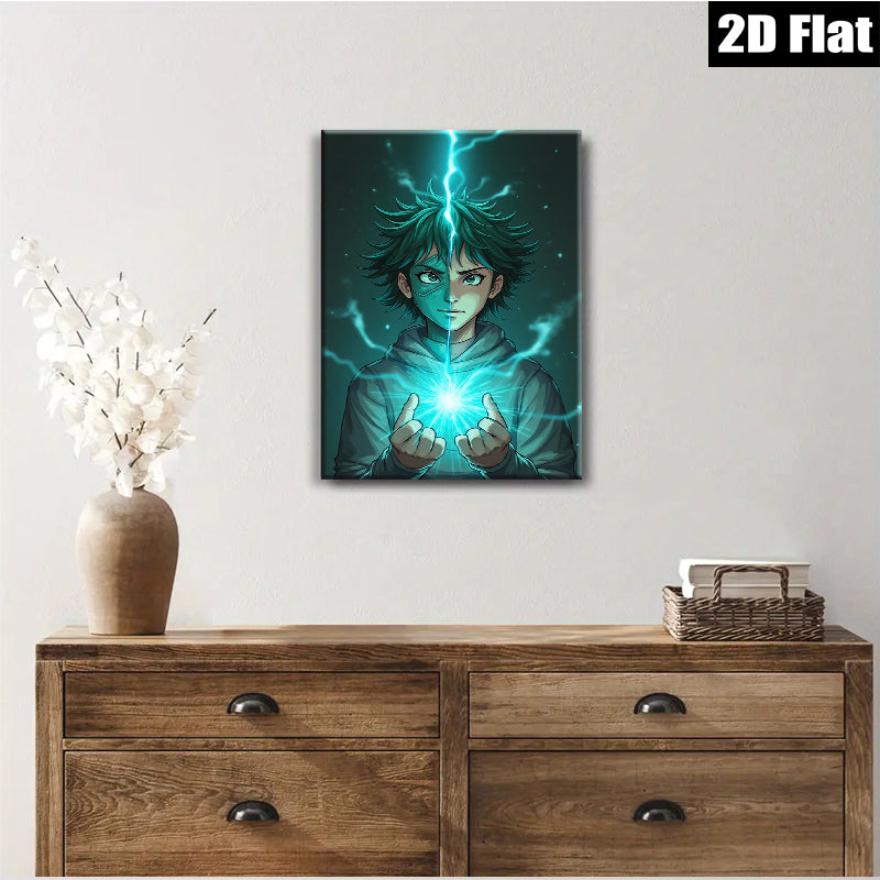 2D flat 1pc captivating anime boy harnessing electric energy vibrant wall art for bedroom living room modern home decor gaming room statement piece trending now