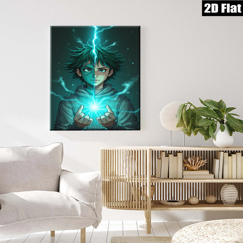 2D flat 1pc captivating anime boy harnessing electric energy vibrant wall art for bedroom living room modern home decor gaming room statement piece trending now