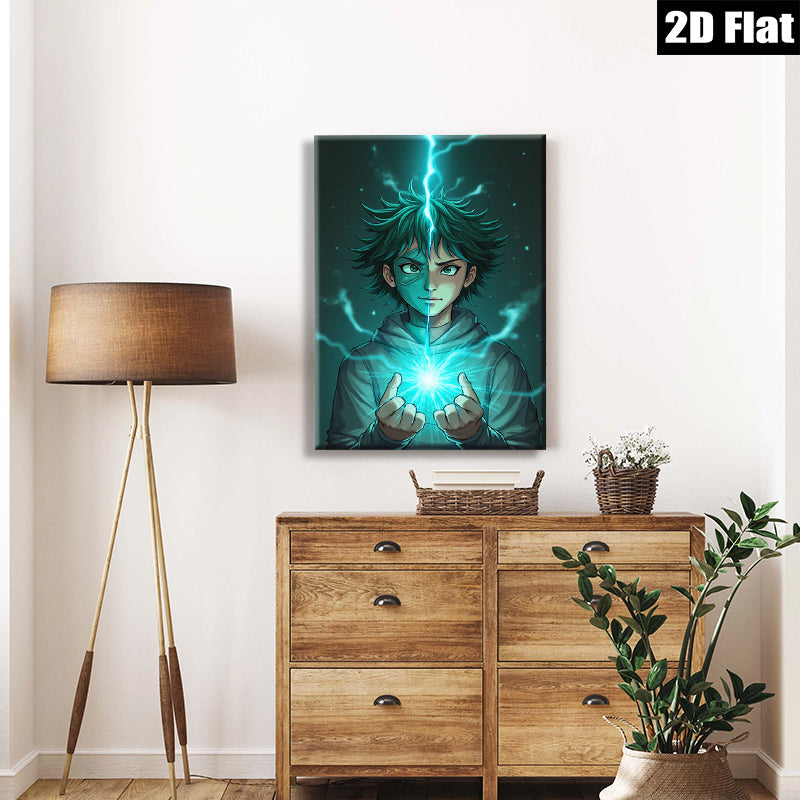 2D flat 1pc captivating anime boy harnessing electric energy vibrant wall art for bedroom living room modern home decor gaming room statement piece trending now