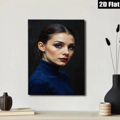 2D flat 1pc captivating portrait woman blue sweater modern farmhouse wall art living room bedroom decor gallery wrapped canvas print timeless elegance