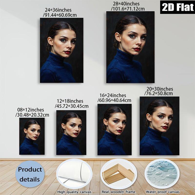 2D flat 1pc captivating portrait woman blue sweater modern farmhouse wall art living room bedroom decor gallery wrapped canvas print timeless elegance