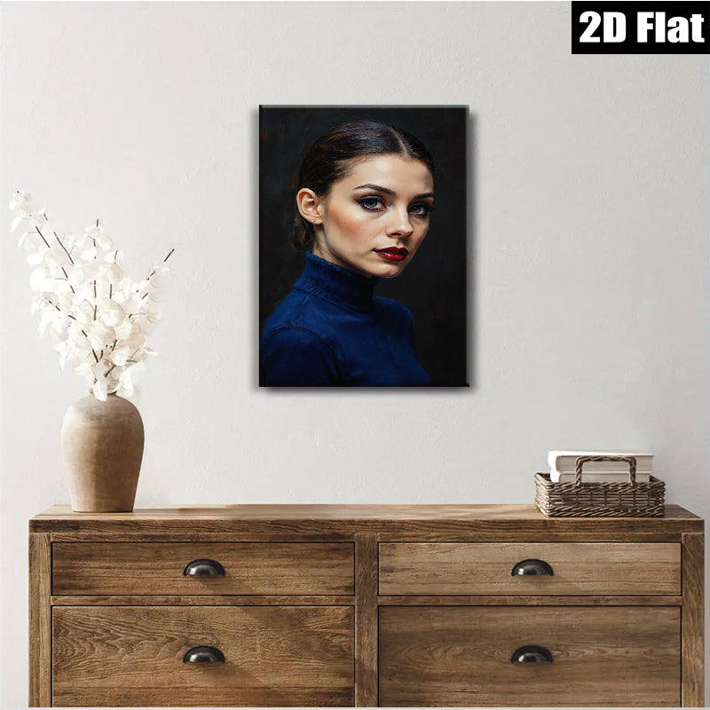 2D flat 1pc captivating portrait woman blue sweater modern farmhouse wall art living room bedroom decor gallery wrapped canvas print timeless elegance