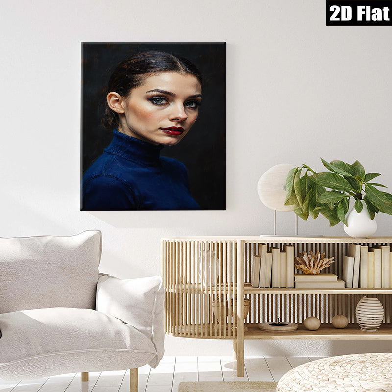 2D flat 1pc captivating portrait woman blue sweater modern farmhouse wall art living room bedroom decor gallery wrapped canvas print timeless elegance