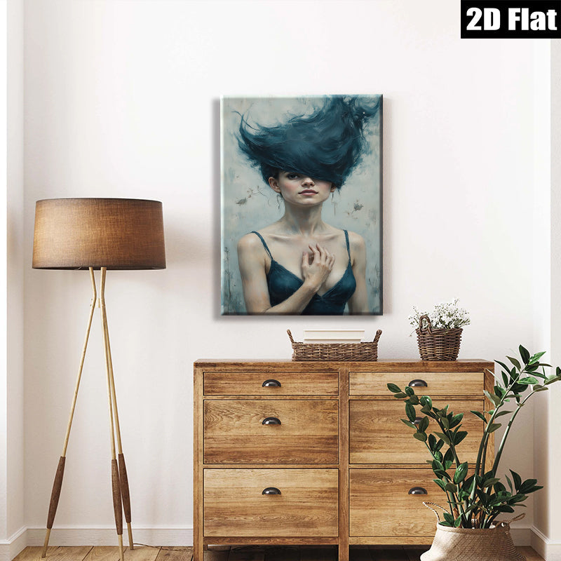2D flat 1pc captivating portrait woman flowing hair modern farmhouse wall art bedroom living room decor gallery wrapped canvas print coastal style