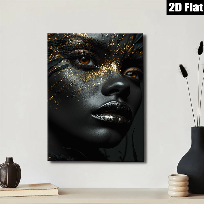 2D flat 1pc captivating woman portrait gold flakes modern wall art bedroom living room gallery wrapped canvas print farmhouse decor