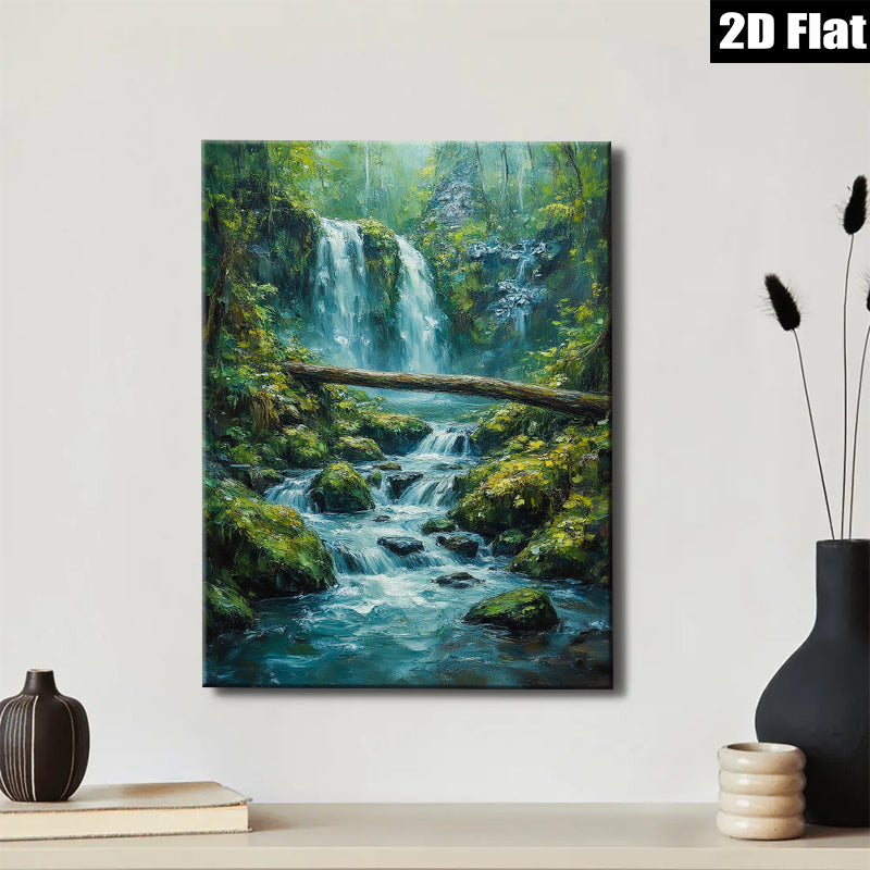 2D flat 1pc cascading waterfall forest stream nature wall art canvas prints for living room bedroom home decor farmhouse style modern gallery wrapped ready to hang