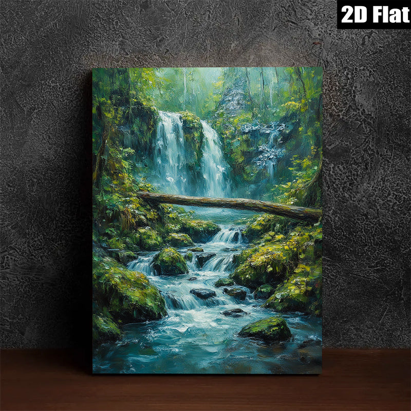 2D flat 1pc cascading waterfall forest stream nature wall art canvas prints for living room bedroom home decor farmhouse style modern gallery wrapped ready to hang