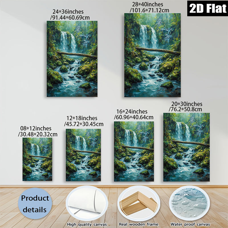 2D flat 1pc cascading waterfall forest stream nature wall art canvas prints for living room bedroom home decor farmhouse style modern gallery wrapped ready to hang