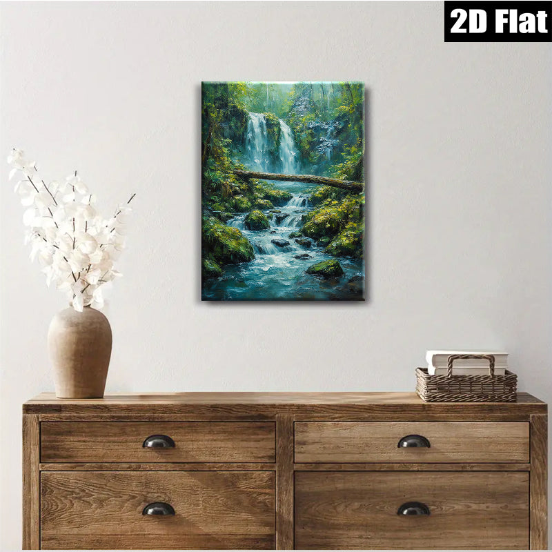 2D flat 1pc cascading waterfall forest stream nature wall art canvas prints for living room bedroom home decor farmhouse style modern gallery wrapped ready to hang