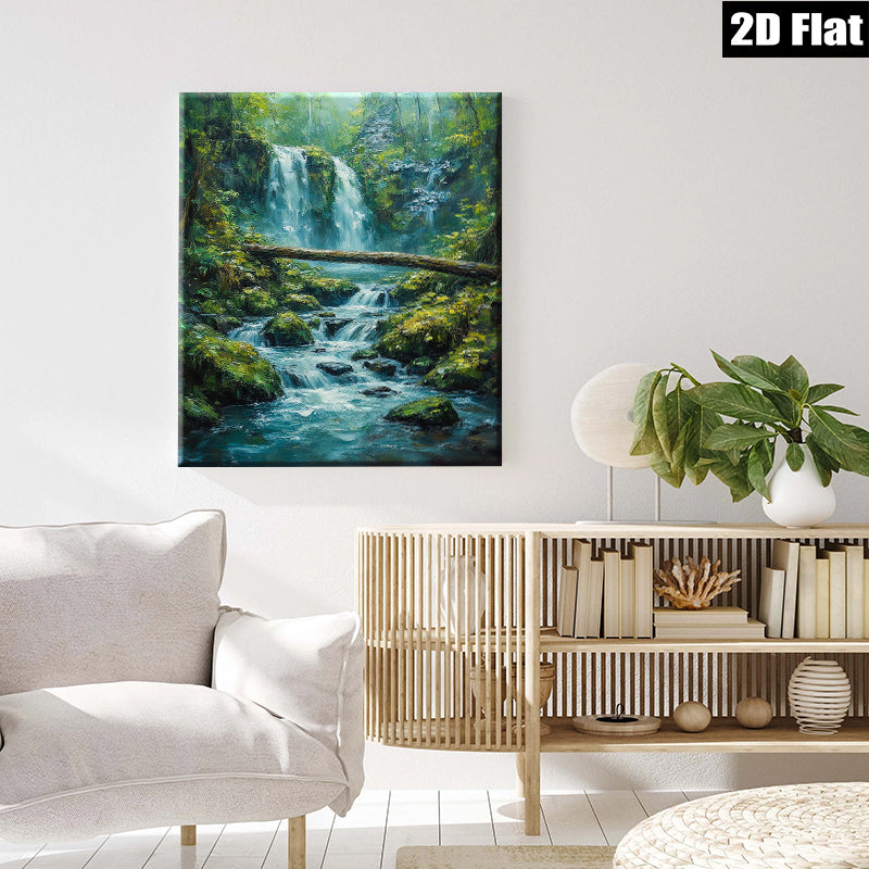 2D flat 1pc cascading waterfall forest stream nature wall art canvas prints for living room bedroom home decor farmhouse style modern gallery wrapped ready to hang