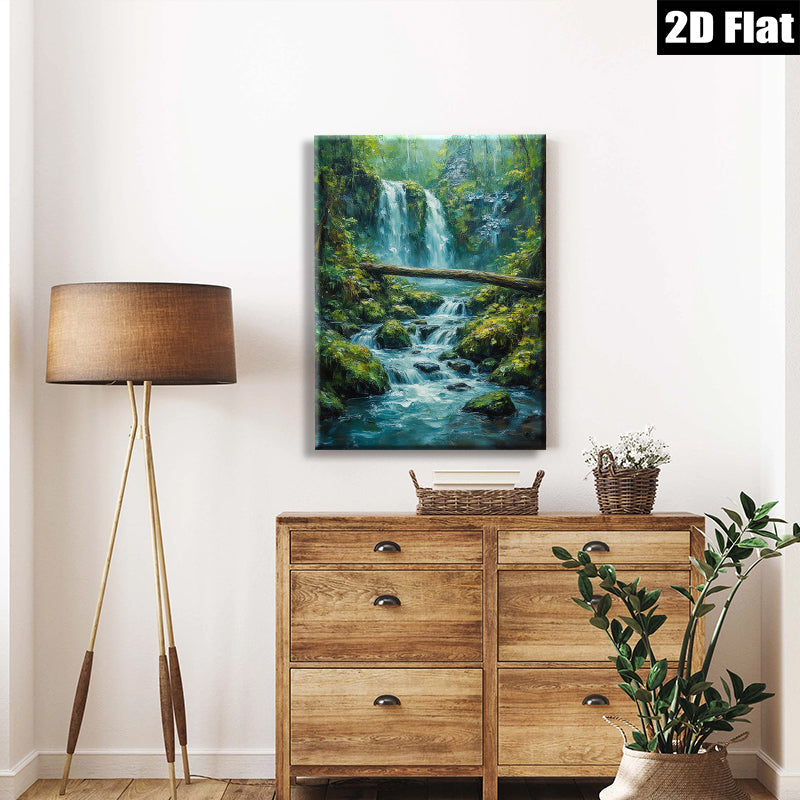 2D flat 1pc cascading waterfall forest stream nature wall art canvas prints for living room bedroom home decor farmhouse style modern gallery wrapped ready to hang
