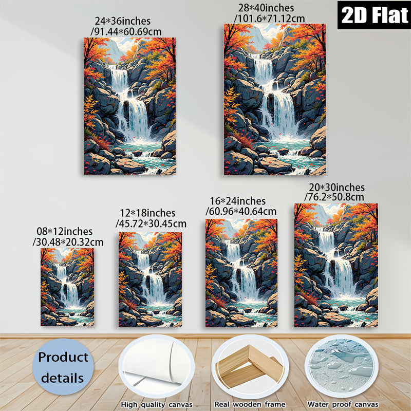 2D flat 1pc cascading waterfall serene mountain landscape wall art prints for living room bedroom home decor farmhouse style gallery wrapped canvas prints