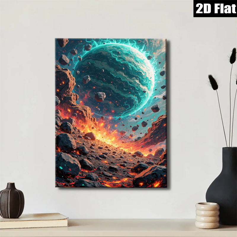 2D flat 1pc celestial impact fiery planet space art wall decor living room bedroom modern farmhouse gallery wrapped canvas prints ready to hang oversized statement piece