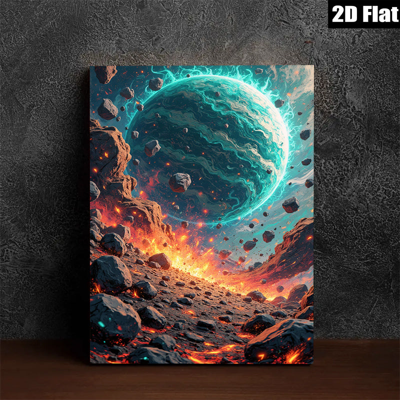 2D flat 1pc celestial impact fiery planet space art wall decor living room bedroom modern farmhouse gallery wrapped canvas prints ready to hang oversized statement piece