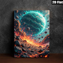 2D flat 1pc celestial impact fiery planet space art wall decor living room bedroom modern farmhouse gallery wrapped canvas prints ready to hang oversized statement piece