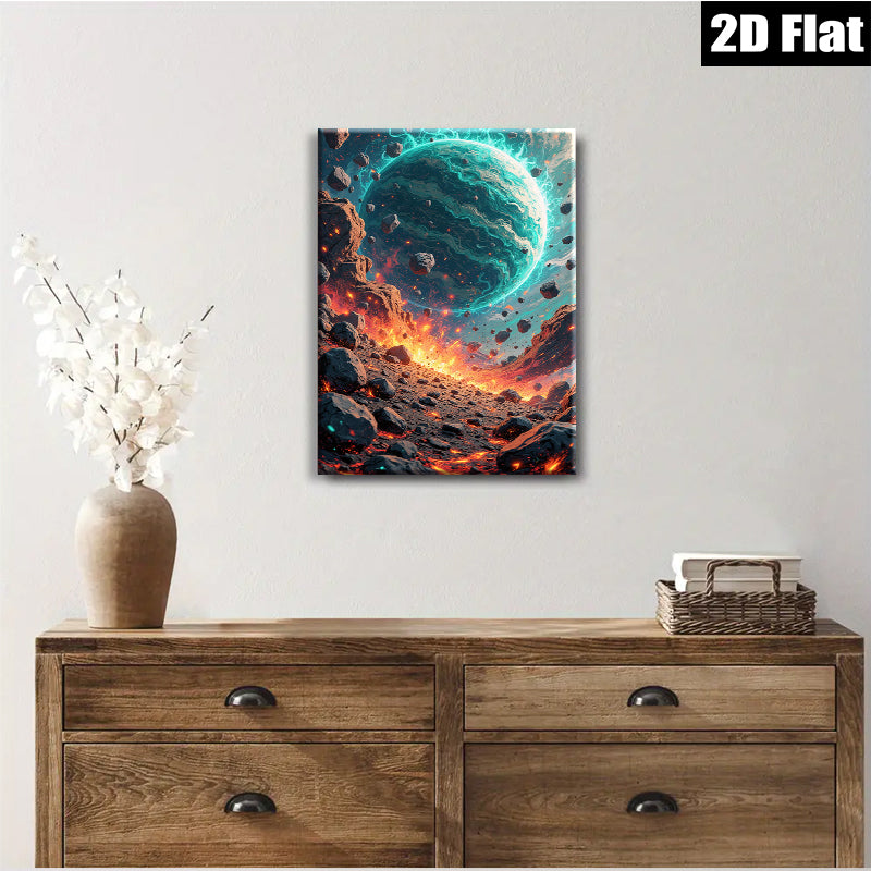 2D flat 1pc celestial impact fiery planet space art wall decor living room bedroom modern farmhouse gallery wrapped canvas prints ready to hang oversized statement piece