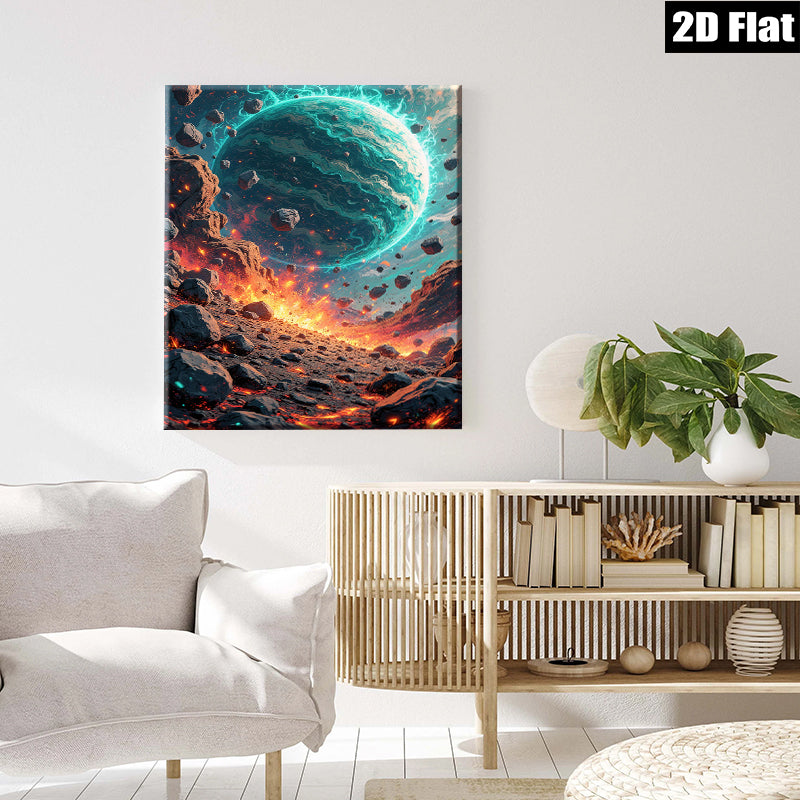 2D flat 1pc celestial impact fiery planet space art wall decor living room bedroom modern farmhouse gallery wrapped canvas prints ready to hang oversized statement piece