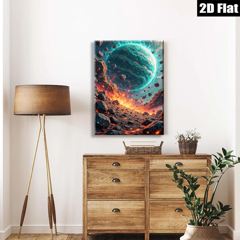 2D flat 1pc celestial impact fiery planet space art wall decor living room bedroom modern farmhouse gallery wrapped canvas prints ready to hang oversized statement piece