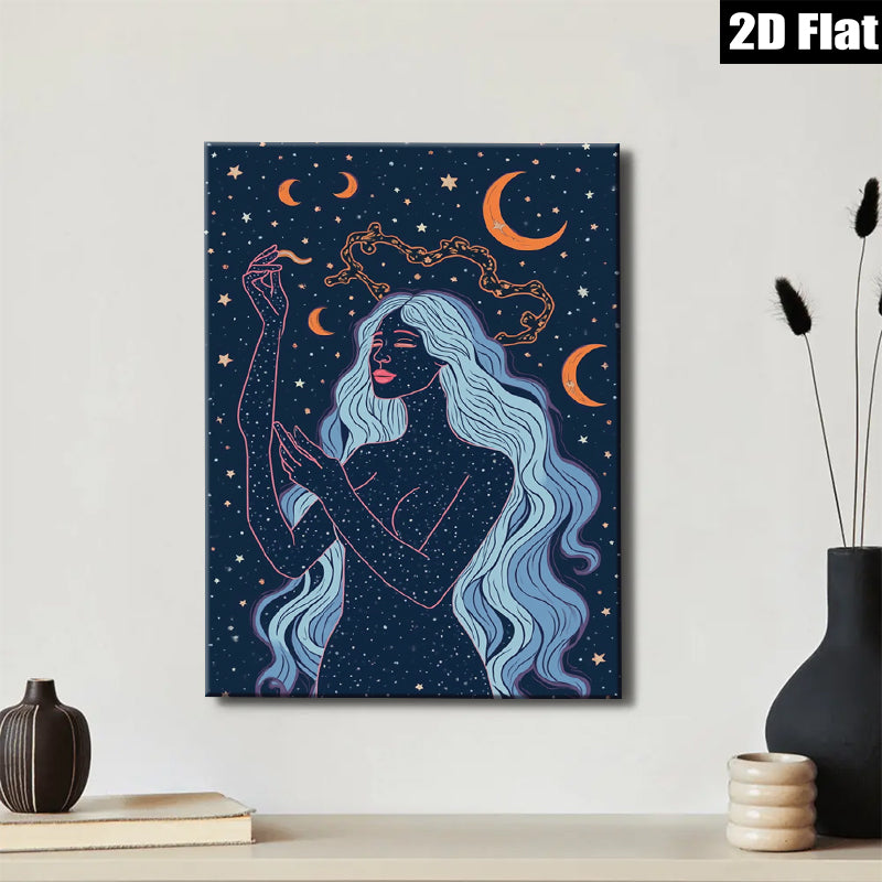 2D flat 1pc celestial woman mystic moon goddess wall art bedroom living room home decor farmhouse modern minimalist gallery wrapped canvas print