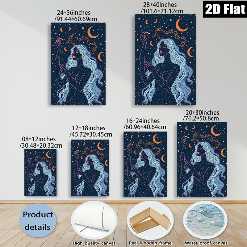 2D flat 1pc celestial woman mystic moon goddess wall art bedroom living room home decor farmhouse modern minimalist gallery wrapped canvas print