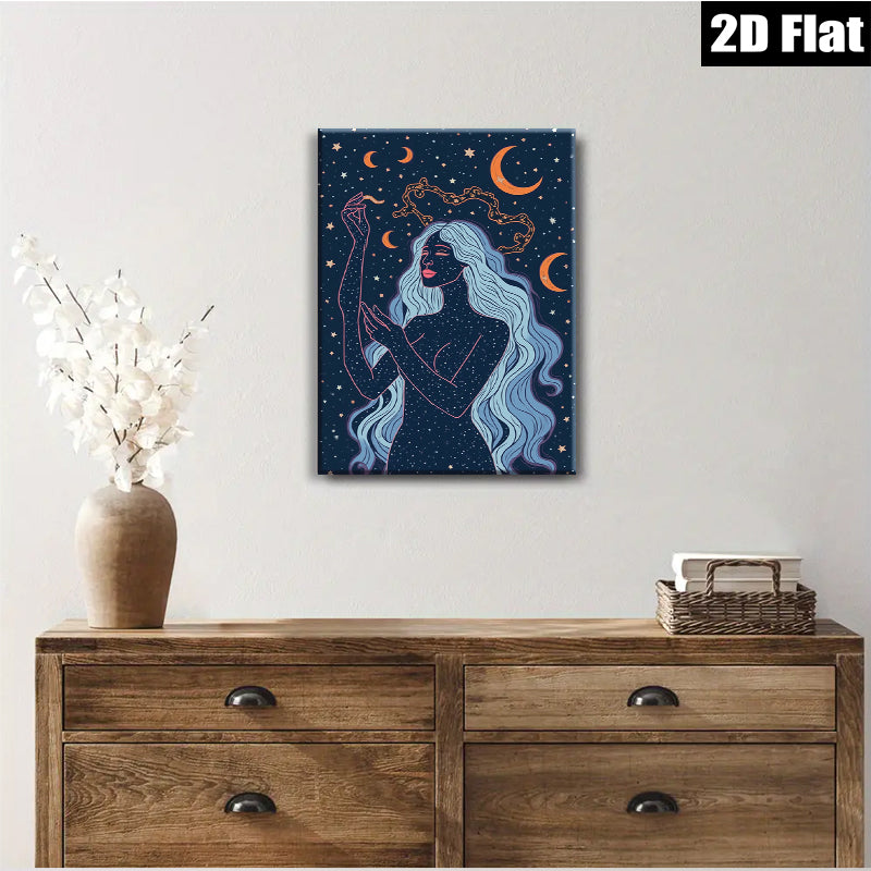 2D flat 1pc celestial woman mystic moon goddess wall art bedroom living room home decor farmhouse modern minimalist gallery wrapped canvas print