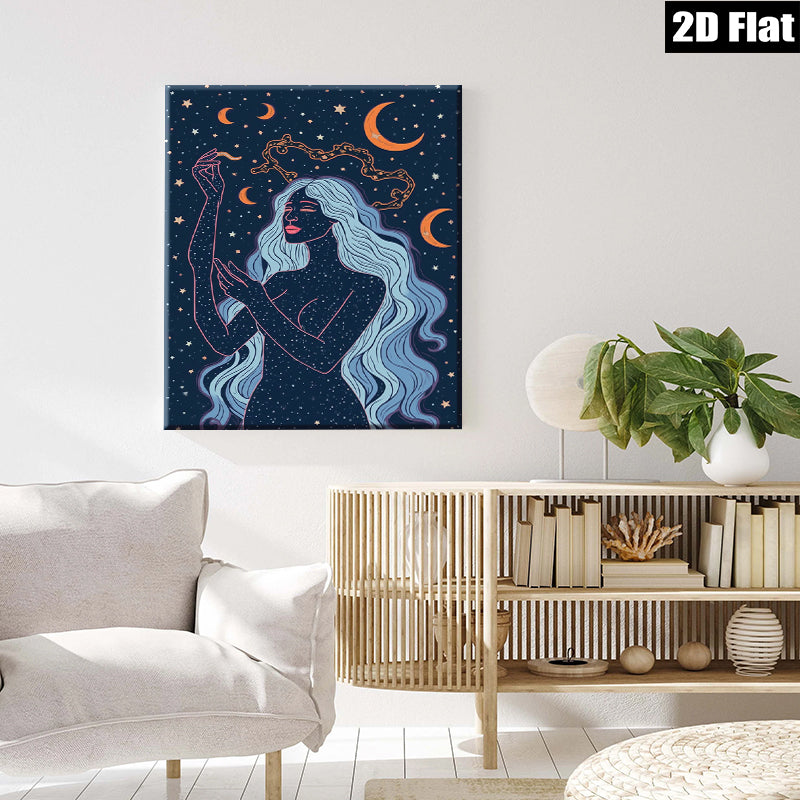 2D flat 1pc celestial woman mystic moon goddess wall art bedroom living room home decor farmhouse modern minimalist gallery wrapped canvas print