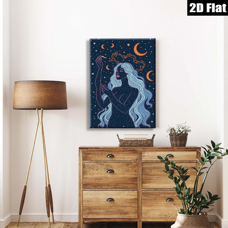 2D flat 1pc celestial woman mystic moon goddess wall art bedroom living room home decor farmhouse modern minimalist gallery wrapped canvas print