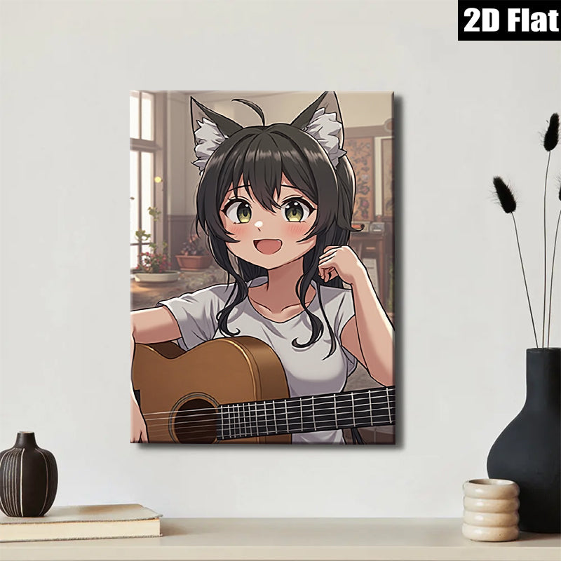2D flat 1pc charming anime girl plays guitar cozy living room wall art decor bedroom canvas prints farmhouse style modern minimalist gallery wrapped