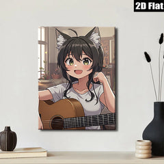 2D flat 1pc charming anime girl plays guitar cozy living room wall art decor bedroom canvas prints farmhouse style modern minimalist gallery wrapped