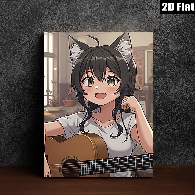 2D flat 1pc charming anime girl plays guitar cozy living room wall art decor bedroom canvas prints farmhouse style modern minimalist gallery wrapped