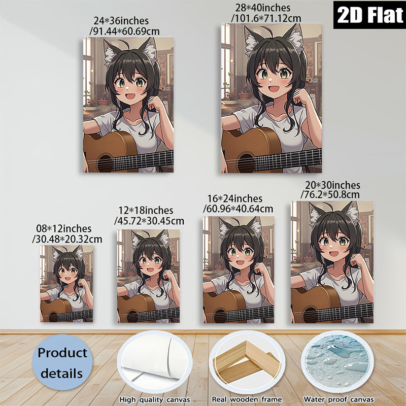 2D flat 1pc charming anime girl plays guitar cozy living room wall art decor bedroom canvas prints farmhouse style modern minimalist gallery wrapped