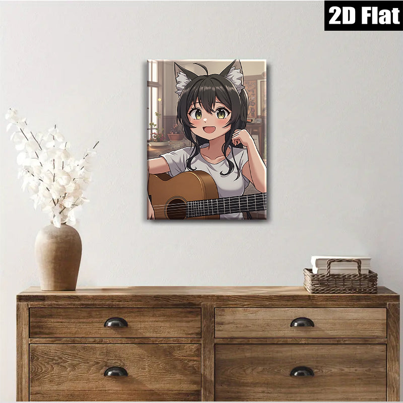2D flat 1pc charming anime girl plays guitar cozy living room wall art decor bedroom canvas prints farmhouse style modern minimalist gallery wrapped