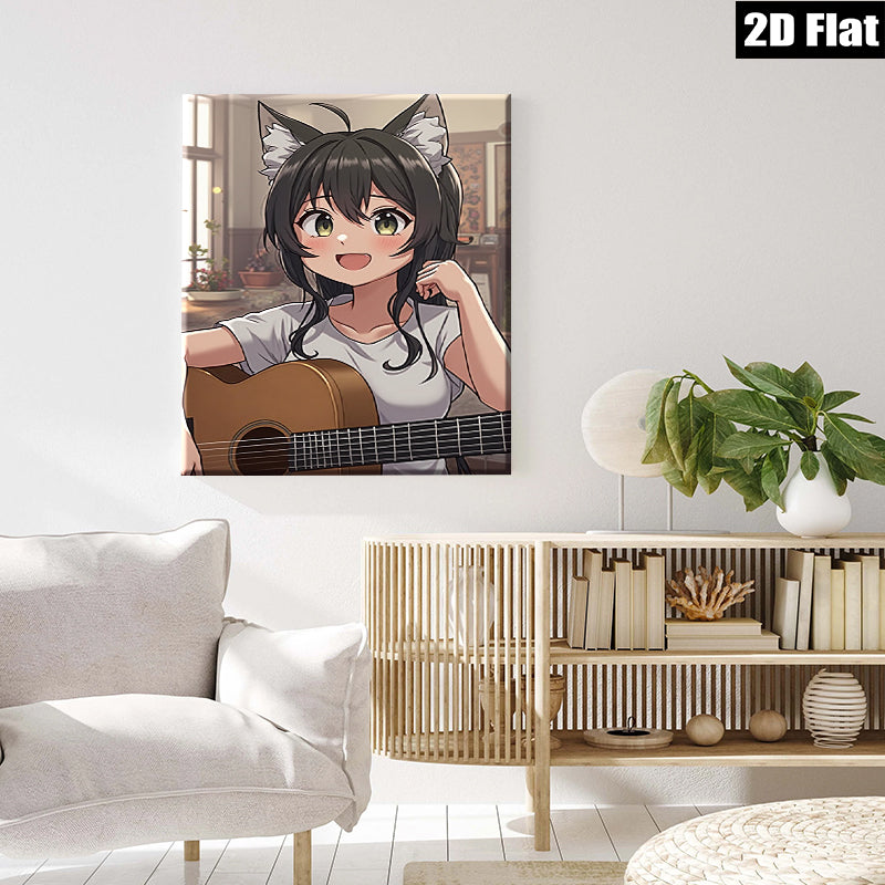 2D flat 1pc charming anime girl plays guitar cozy living room wall art decor bedroom canvas prints farmhouse style modern minimalist gallery wrapped