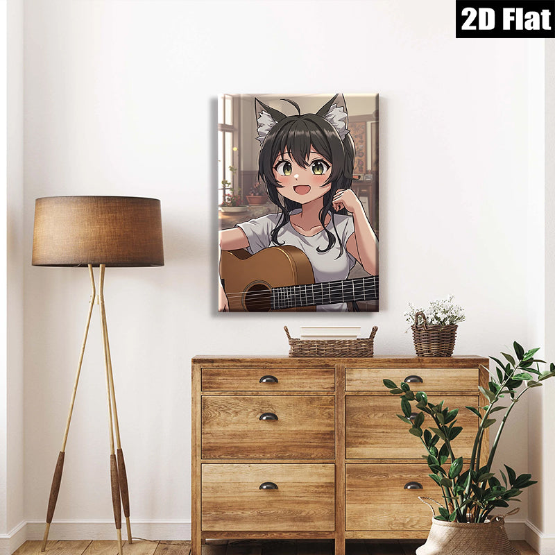 2D flat 1pc charming anime girl plays guitar cozy living room wall art decor bedroom canvas prints farmhouse style modern minimalist gallery wrapped