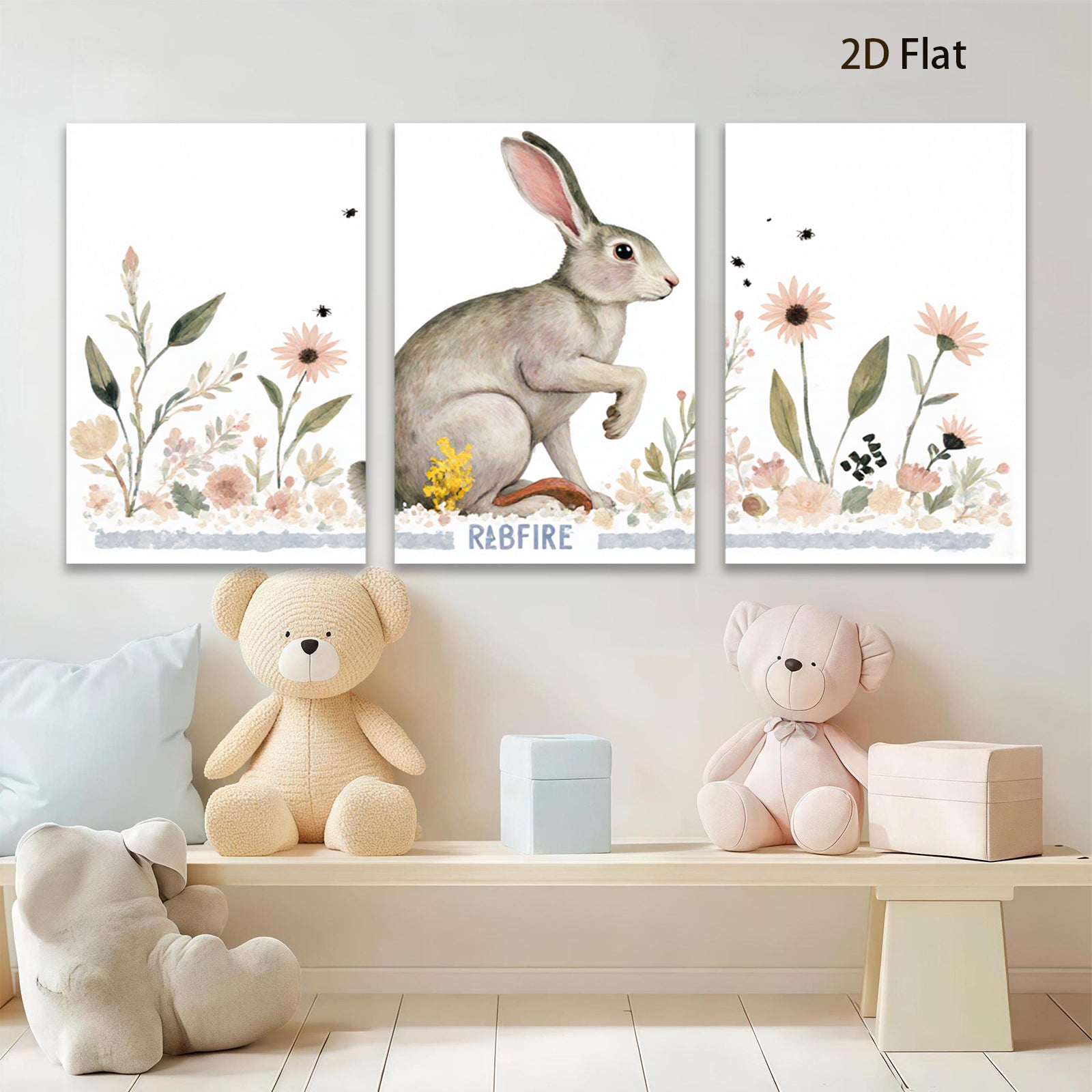 2D flat 1pc charming bunny wildflower painting rustic farmhouse wall art bedroom living room decor gallery wrapped canvas print modern minimalist style
