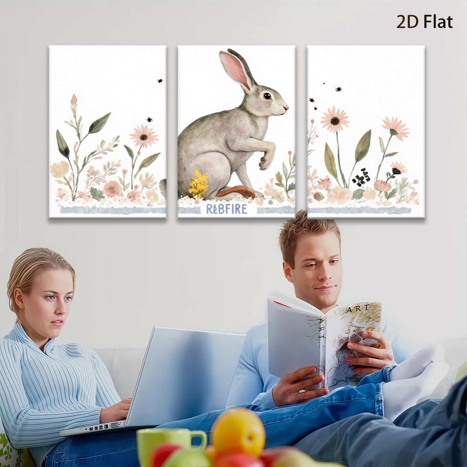 2D flat 1pc charming bunny wildflower painting rustic farmhouse wall art bedroom living room decor gallery wrapped canvas print modern minimalist style