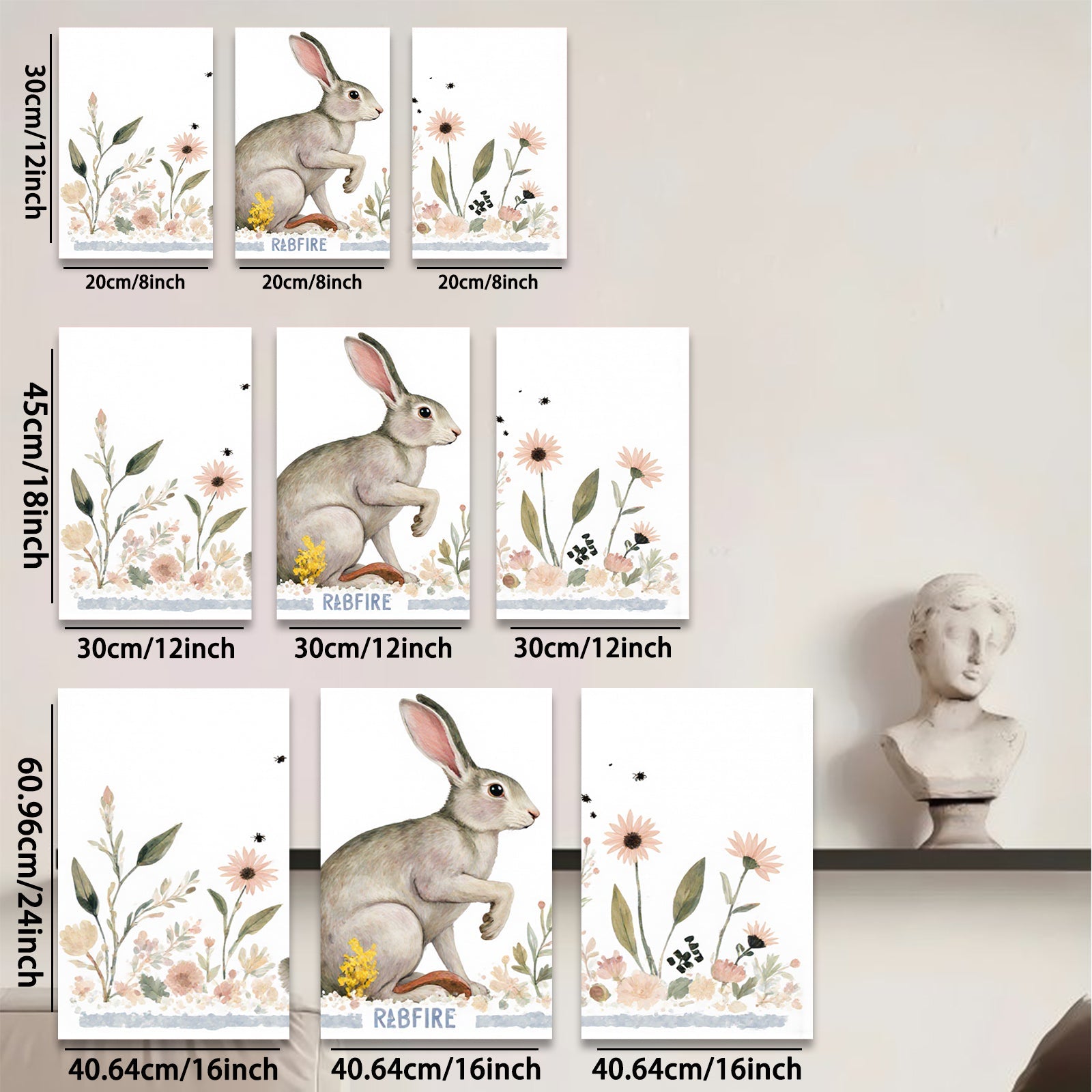 2D flat 1pc charming bunny wildflower painting rustic farmhouse wall art bedroom living room decor gallery wrapped canvas print modern minimalist style