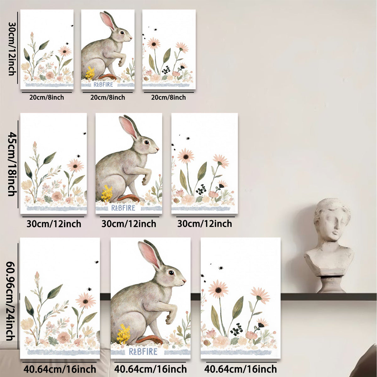 2D flat 1pc charming bunny wildflower painting rustic farmhouse wall art bedroom living room decor gallery wrapped canvas print modern minimalist style