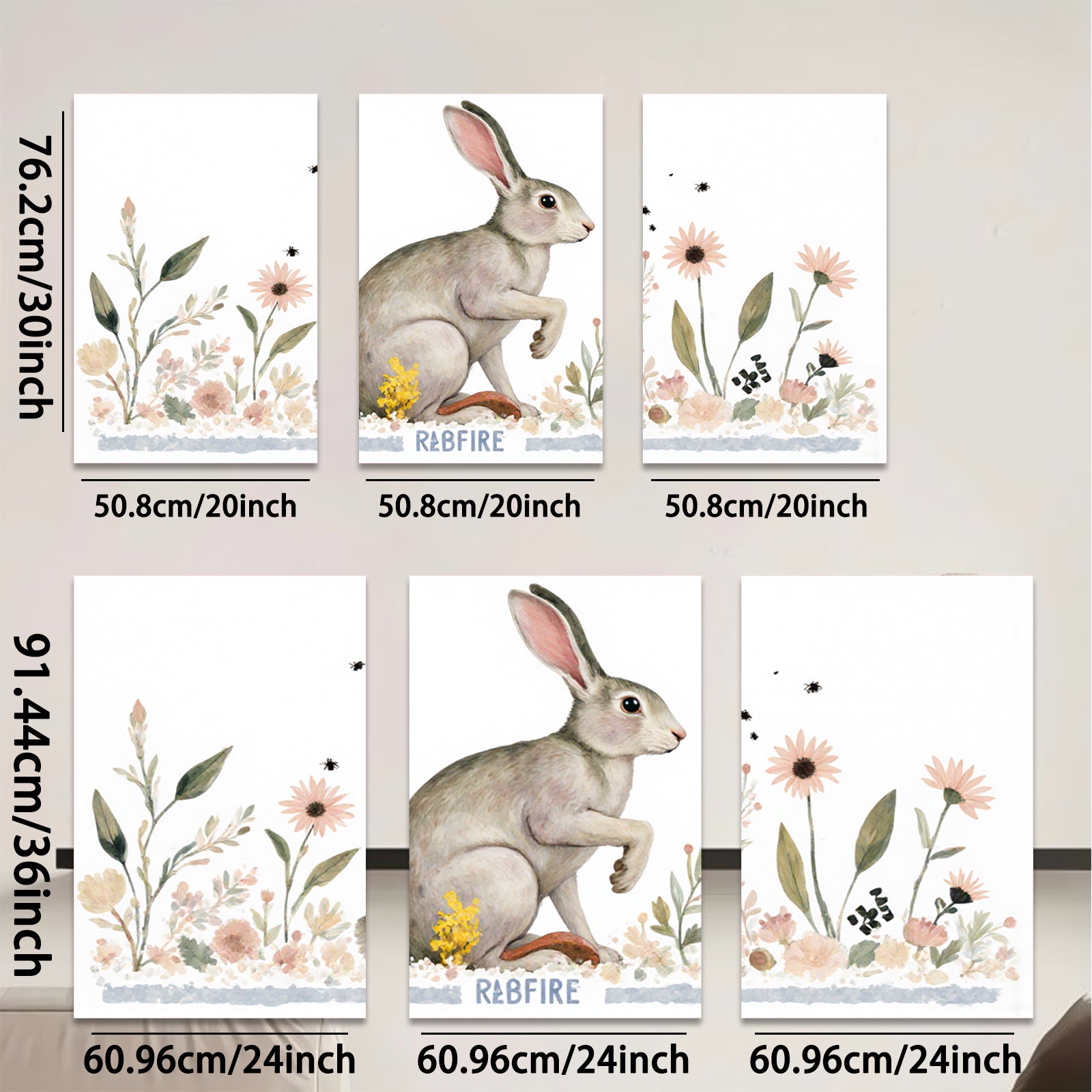 2D flat 1pc charming bunny wildflower painting rustic farmhouse wall art bedroom living room decor gallery wrapped canvas print modern minimalist style