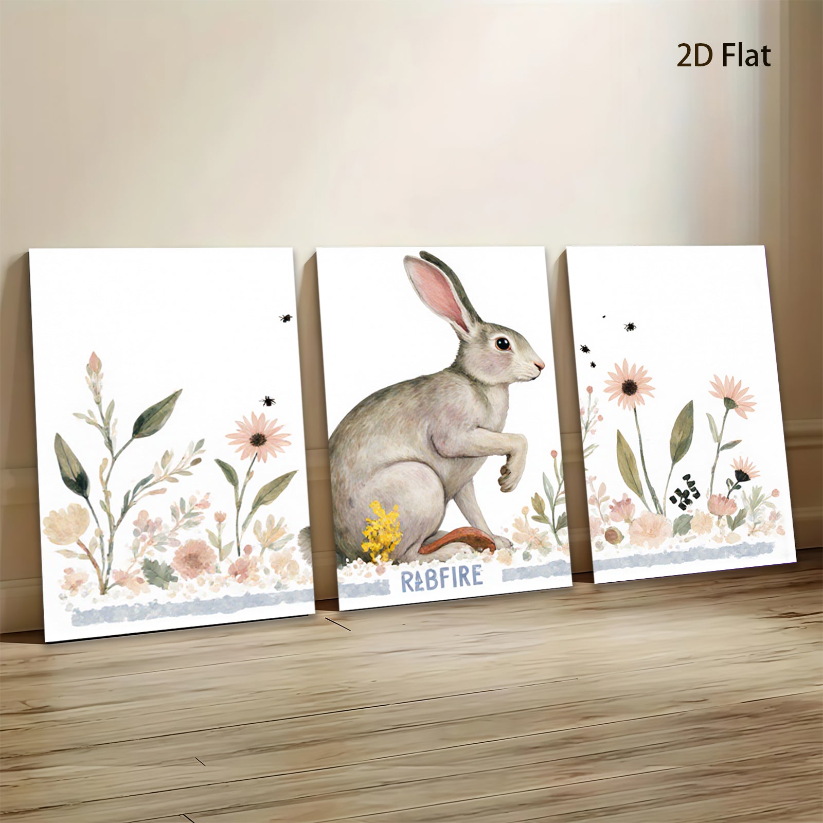 2D flat 1pc charming bunny wildflower painting rustic farmhouse wall art bedroom living room decor gallery wrapped canvas print modern minimalist style
