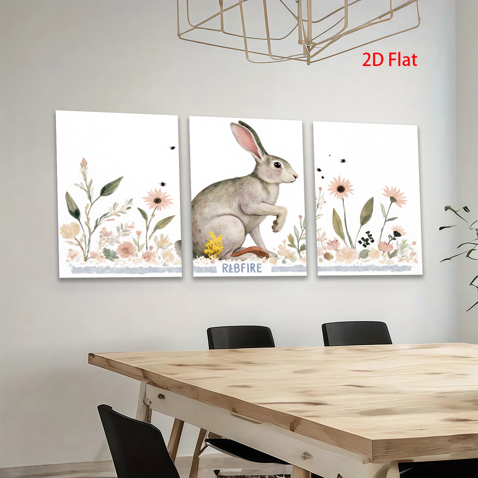 2D flat 1pc charming bunny wildflower painting rustic farmhouse wall art bedroom living room decor gallery wrapped canvas print modern minimalist style