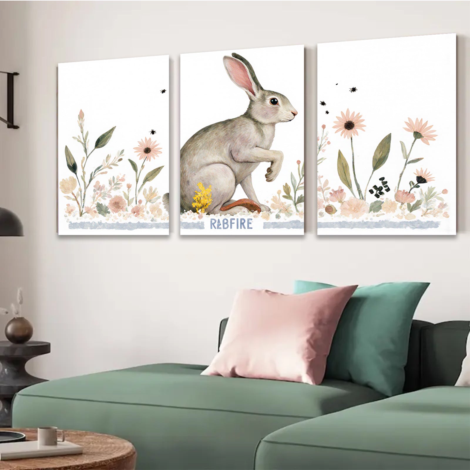 2D flat 1pc charming bunny wildflower painting rustic farmhouse wall art bedroom living room decor gallery wrapped canvas print modern minimalist style